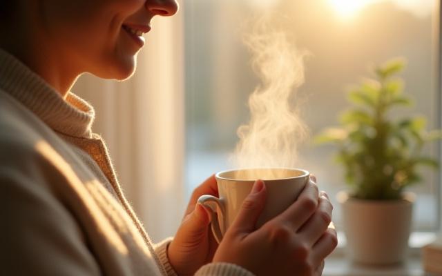 A person sipping tea mindfully, illustrating mindful daily habits